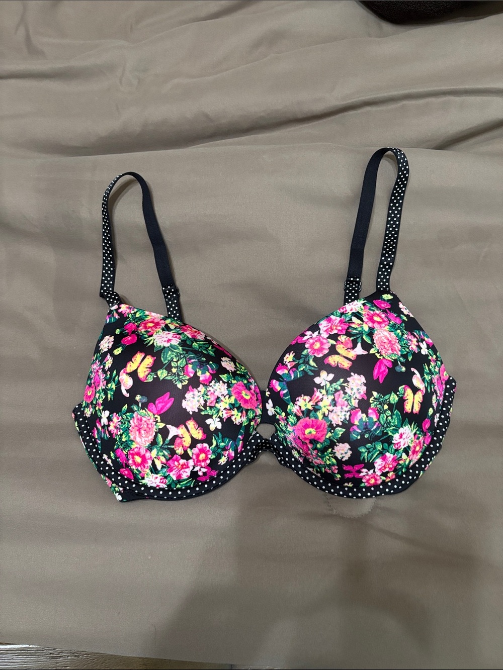 Victoria's Secret Black Floral Push-Up Bra with Pink Accents